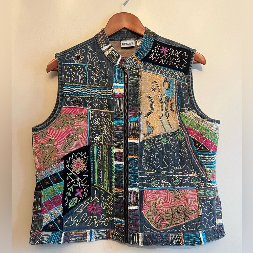 Chico's Multicolor Patchwork Embroidered Denim Ve… - image 1